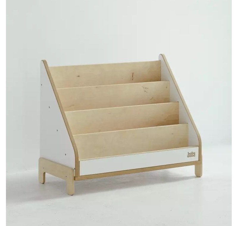 Montessori Kinderbücherregal aus Holz mit abgerundeten Kanten und zusätzlichem Schrankmodul