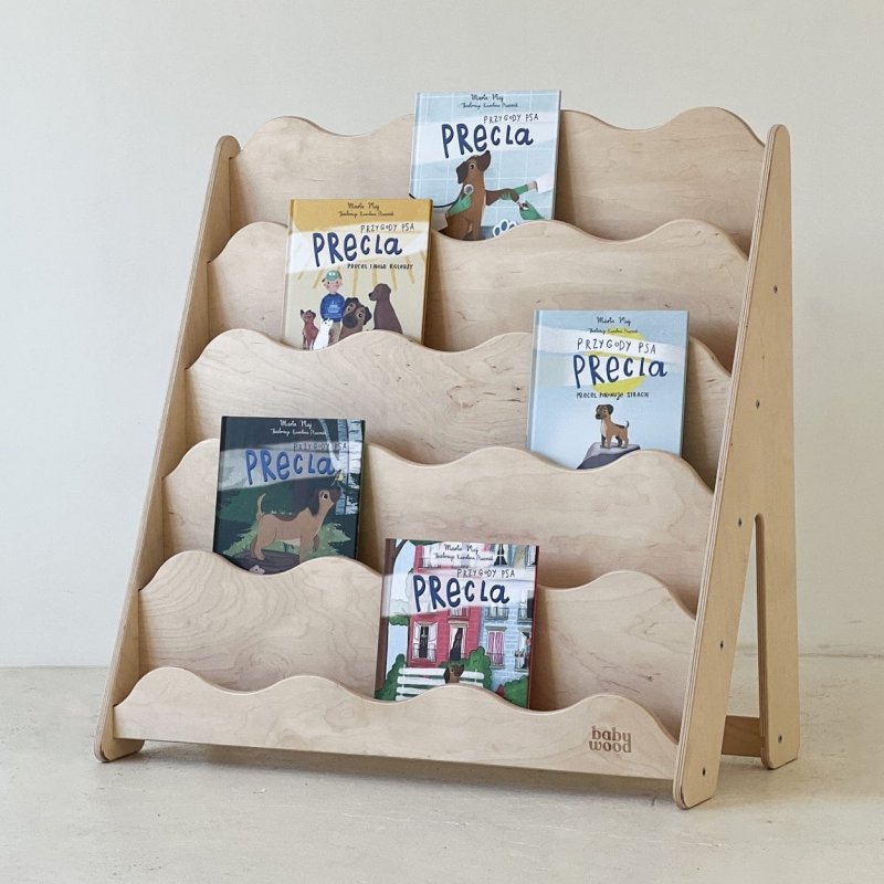 Bücherregal Größe M aus Holz mit Kinderbüchern - Ansicht von vorne und der Seite